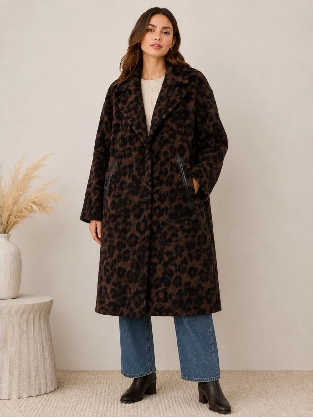 BCBG Generation Brown Coat Womens Long Oversized Winter Overcoat Jacket Cheetah